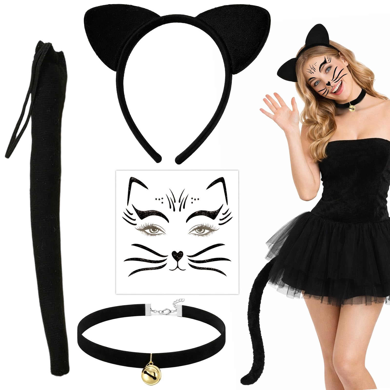 GWAWG Cute Cat Costume Women Cat Ears Headband Tail Necklace with Bell Cats Face Tattoo Animal Fancy Dress Up for Halloween Birthday Carnival World Book Day