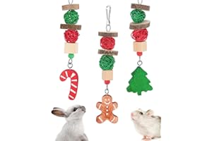 Xylolfsty Christmas Guinea Pig Toys Xmas Bunny Rabbit Toys Candy Cane Hamster Chinchilla Toys Treats for Teeth Grinding Gingerbread Christmas Tree Cage Hanging Accessories for Small Pets Gifts 3PCS