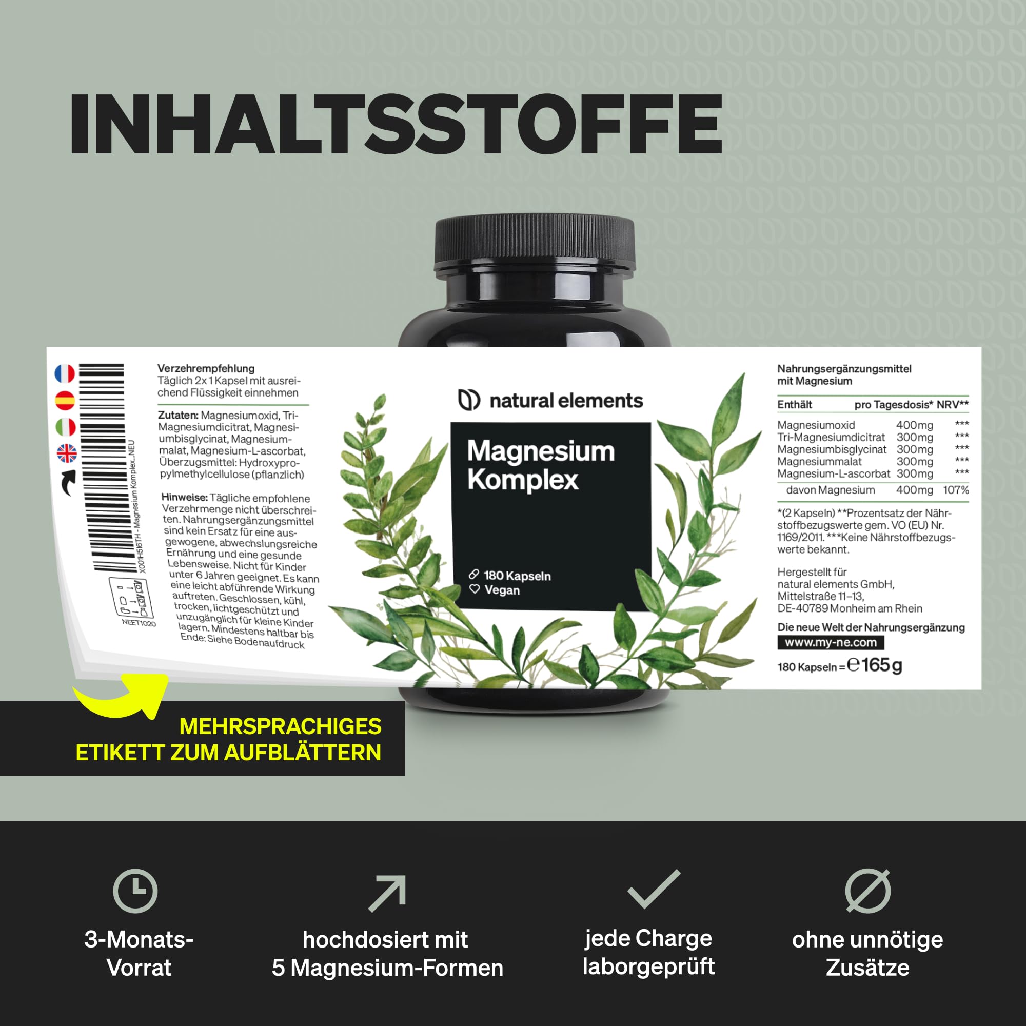 natural elements Magnesium Komplex - Premium: Aus 5 hochwertigen Verbindungen - 400mg elementares Magnesium pro Tagesdosis - Laborgeprüft, vegan, hochdosiert 6