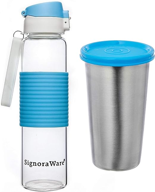 Buy Signoraware Aqua Flip Top Glass Water Bottle, 550ml/24mm, Blue