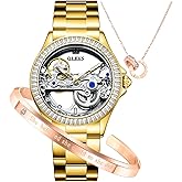 OLEVS Automatic Womens Watches Mechanical Diamond Skeleton Luxury Dress Stainless Steel Silver/Rose Gold Waterproof Luminous Ladies Wrist Watches Gift Set