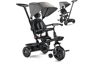 TODEFULL Kids' Tricycle, 6 IN1 Baby Trike with Removable Canpoy& Push Handle, Toddler Bike for Kids 12-60 Months, 360° Swivel Seat, Folding Pedal, EVA Wheels，Storage Basket, Grey