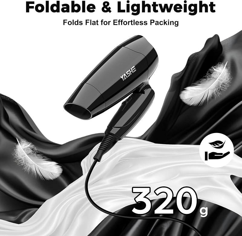 Mini Sèche-Cheveux Pliable de Voyage, Sèche-Cheveux Compact 1200W Avec 2 Réglages de Chaleur et Vitesse, Buse de Précision, Cordon 1,8 m, Léger Pour Voyage, Maison, Hôtel ou Dortoir, Noir