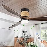 FookChak 60in Dimmable Flush Mount Ceiling Fans Light with Remote Control 3 Blade Farmhouse Hemp Rope Ceiling Fan with Light 