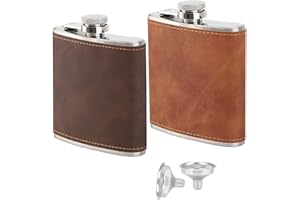 Guijinhao 2 pcs 6oz Hip Flask with 2 Funnels, Stainless Steel Portable Pocket Whiskey Flask with Leather Wrapped Cover, Flask