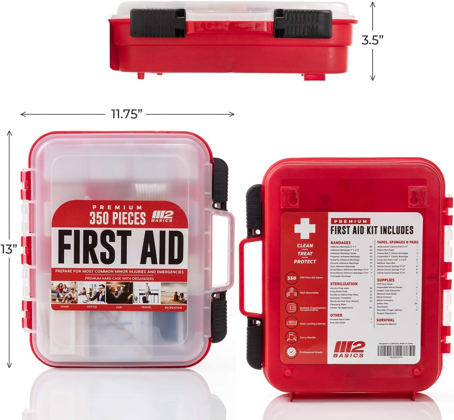 M2 BASICS 350 Piece Professional First Aid Kit | Mountable Hard Case with Dual-Layer Organizers for Business, School or Home: Health & Personal Care