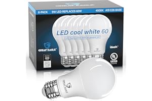 GREAT EAGLE LIGHTING CORPORATION Great Eagle A19 LED Light Bulbs 60 Watt Equivalent - UL Listed - Cool White 4000K LED Light Bulb - 9W Non Dimmable, 800 Lumens (6 Pack)