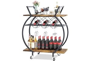 Aenuert Brown Round Bar Carts with Wine Rack and Wheels,2 Tiers Modern Metal Round Wine Cart,Rolling Home Serving Cart ，Industrial Mobile Storage Kitchen Trolley for Kitchen, Bar, Living Room