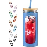 Kodrine 20oz Glass Tumbler with Straw and Lid, Iced Coffee Cups with Bamboo Lids, Glass Cups for Cold Drinks, Smoothie Cup with Silicone Sleeve for Travel, Work, BPA FREE-DodgerBlue
