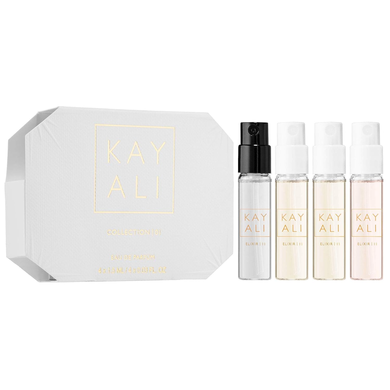 Amazon Com Huda Beauty Kayali Eau De Parfum Sample Collection Elixir 11 Citrus 08 Musk 12 Vanilla 28 0 05 Fl Oz X 4 Beauty