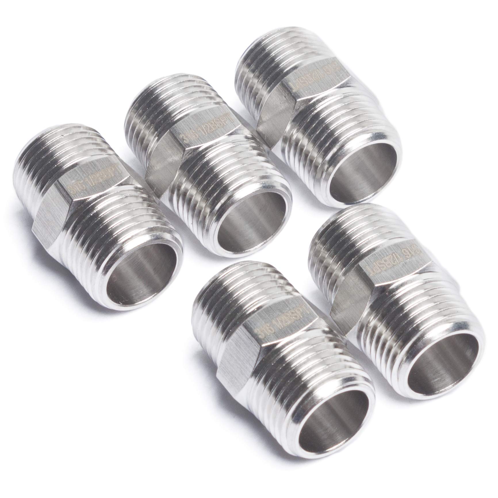 LTWFITTING Stainless Steel 316 Pipe Hex Nipple Fitting 1/2-Inch Male BSPT Air Fuel (Pack of 5)