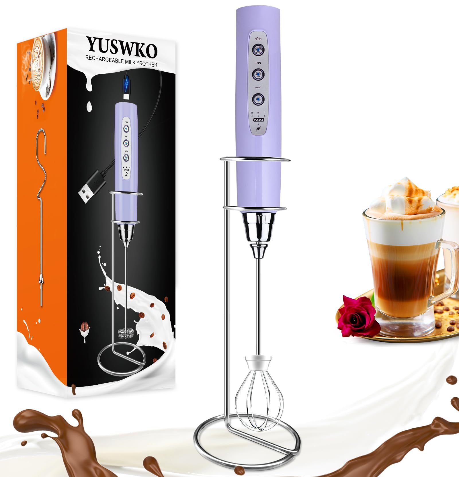 Photo 1 of YUSWKO Light Purple Rechargeable Milk Frother for Coffee with Stand, Handheld Drink Mixer with 3 Heads 3 Speeds Electric Stirrers for Latte, Cappuccino, Hot Chocolate, Egg