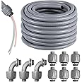 VASALAID 1inch 50ft Electrical Conduit Kit, Flexible Non-Metallic Liquid Tight Electrical Conduit, Flexible Conduit with 6 Straight and 3 Angle Fittings, Not Include 10-AWG 3 Colour Wire (1" Dia)