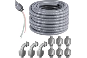 VASALAID 1inch 50ft Electrical Conduit Kit, Flexible Non-Metallic Liquid Tight Electrical Conduit, Flexible Conduit with 6 Straight and 3 Angle Fittings, Not Include 10-AWG 3 Colour Wire (1" Dia)
