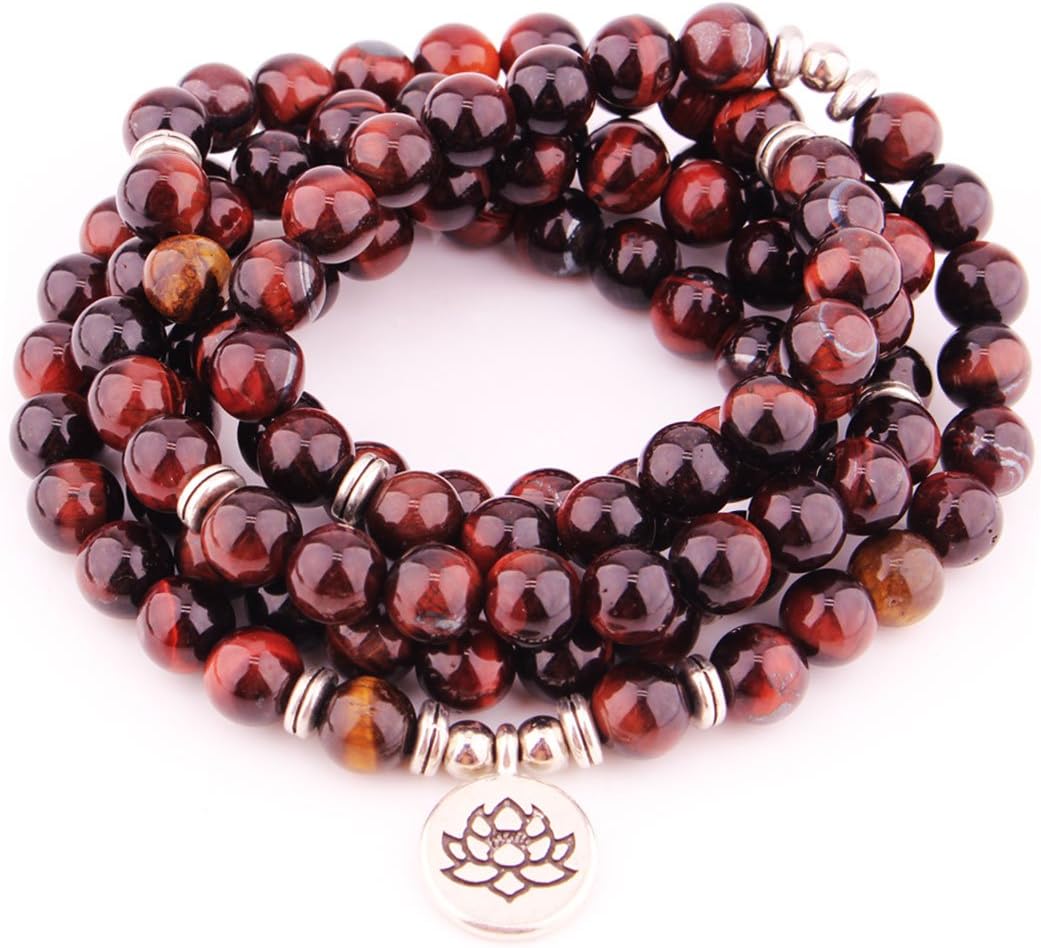GVUSMIL 8mm 108 Mala Beads Natural Stone Healing Wrap Bracelets Necklaces Elastic Adjustable for Yoga Buddhist Rosary Prayer Charm Bangle for Women Men (Red Tiger Eye)