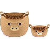 Hkojewp Highland Cute Cow Basket Set for Nursery, Woven Storage Cotton Rope Basket, Baby Blanket 0rganizer with Ears Handles, Blanket Towel Decor Toy Clothes Gifts Storage Cat Dog Bin, Pack of 2