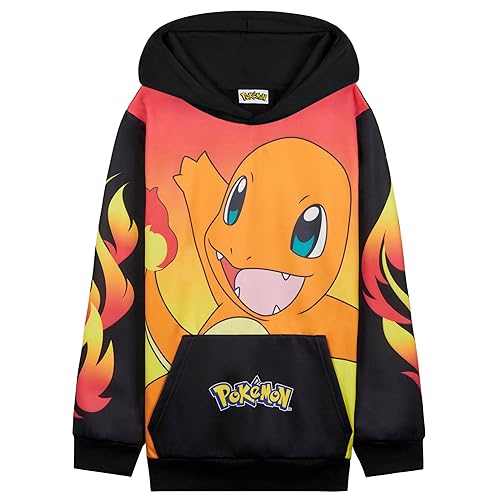 Pokemon Hoodie for Boys Teens, Hooded Sweatshirt, Pikachu Eevee Pullover Casual Sports, Long Sleeve Jumper, Anime Gifts for Boys (11-12 Years, Black/Red Charmander)