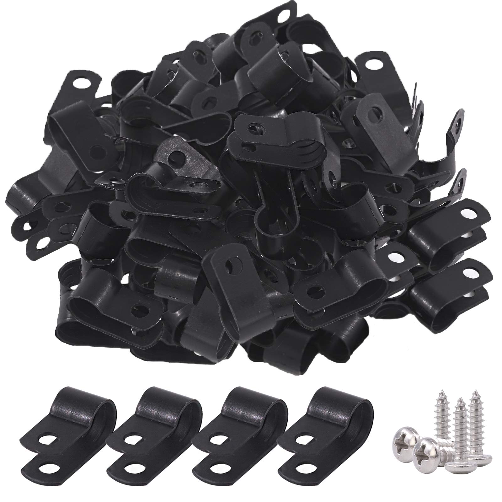 Glarks 120Pcs 5/16 Inch Black Nylon Screw Mounting R-Type Cable Clip Wire Clamp Kit with 120Pcs Screws for Wire, Conduit and Cable Conduit