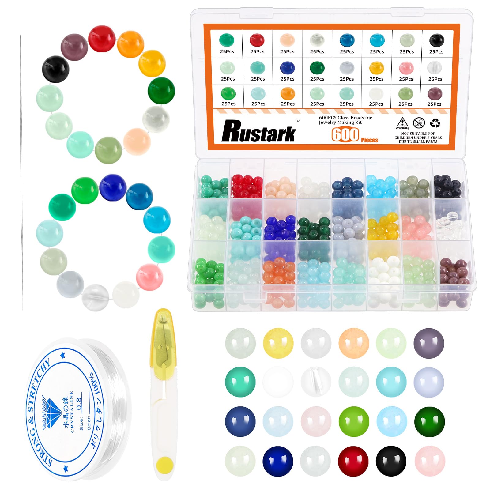 Rustark 603Pcs 24 Colors 8mm Round Glass Beads for Jewelry Making Kit