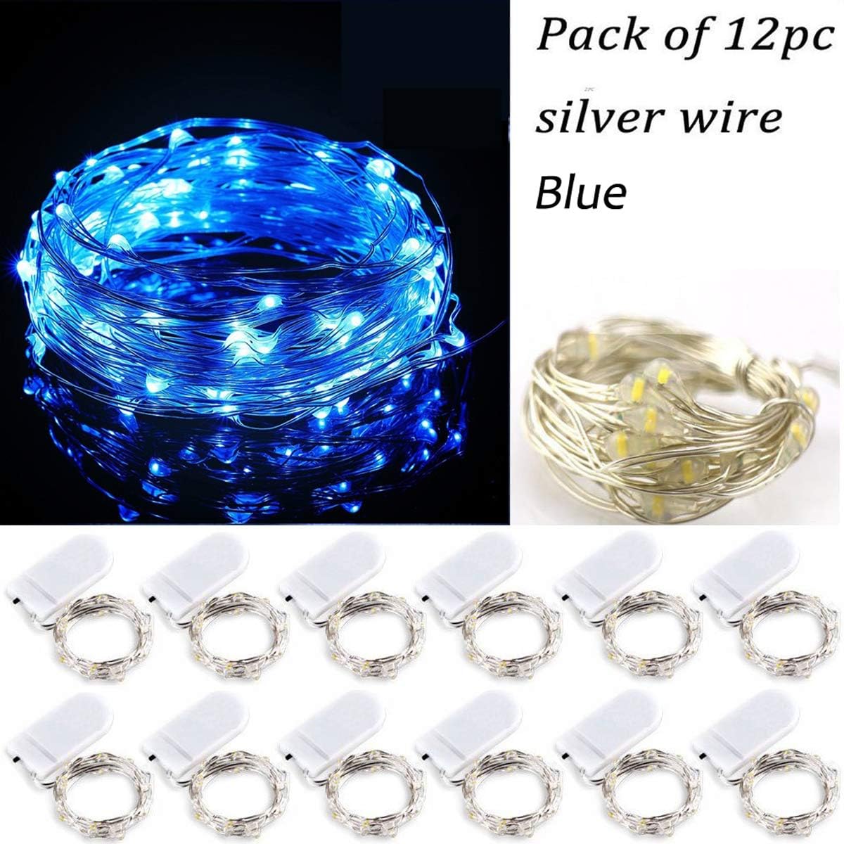 12PCS Battery Operated Blue Lights 20 Micro Fairy String LEDs on Silver Wire,6.5 Ft (2m) for Graduation Party Favors DIY Rustic Wedding Home Outdoor Indoor Centerpiece or Table Decorations