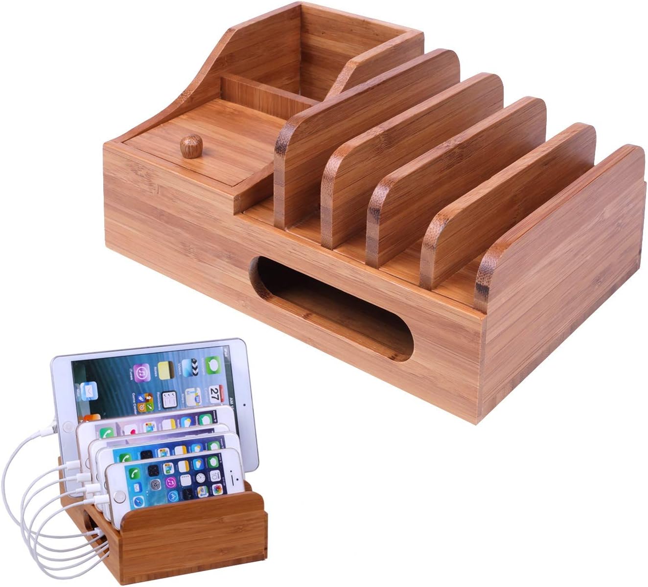 ANTPO Bamboo Charging Station Docks and Multi-device Phone Organizer Stand for Smart Phones and Tablets