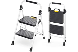 KINGRACK Sturdy Steel 2 Step Ladder, Folding Step Stool with Handrail, Anti-Slip Wide Pedals, Safe-Lock Design, Pass 800lbs Load Testing, Portable Ladder for Multi-Purpose in Home, Kitchen, White