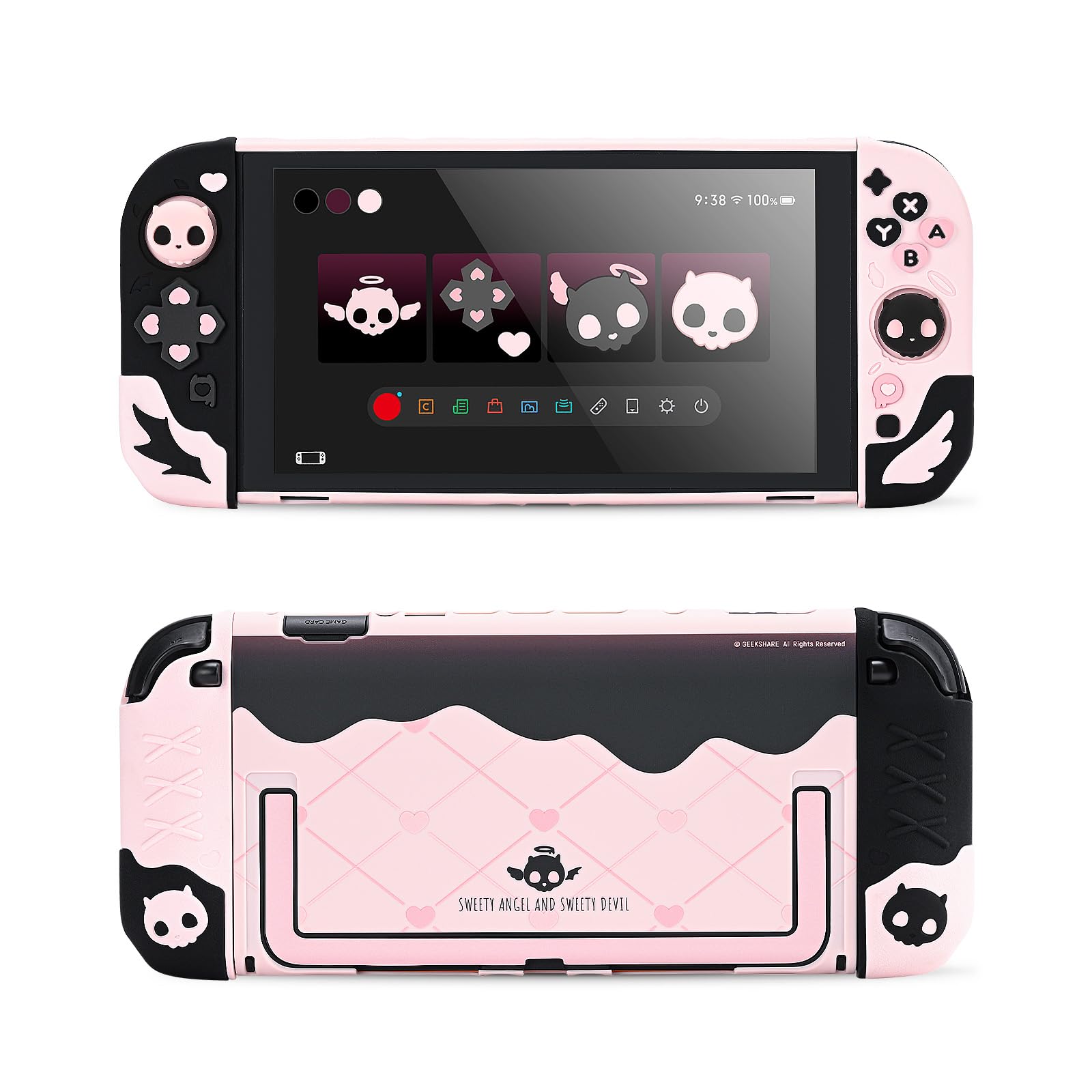 Geekshare Protective Case Set Compatible with switch 2, PC Back Plate with Silicone Joysticks Covers, Includes 2 Thumb Grips, Waterproof Protection - Sweetheart Skull (Black & Pink)