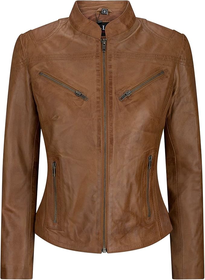 Aviatrix Women's Jacket 100% Real Leather Vintage White Olive Blue Yellow Biker Style Tight 