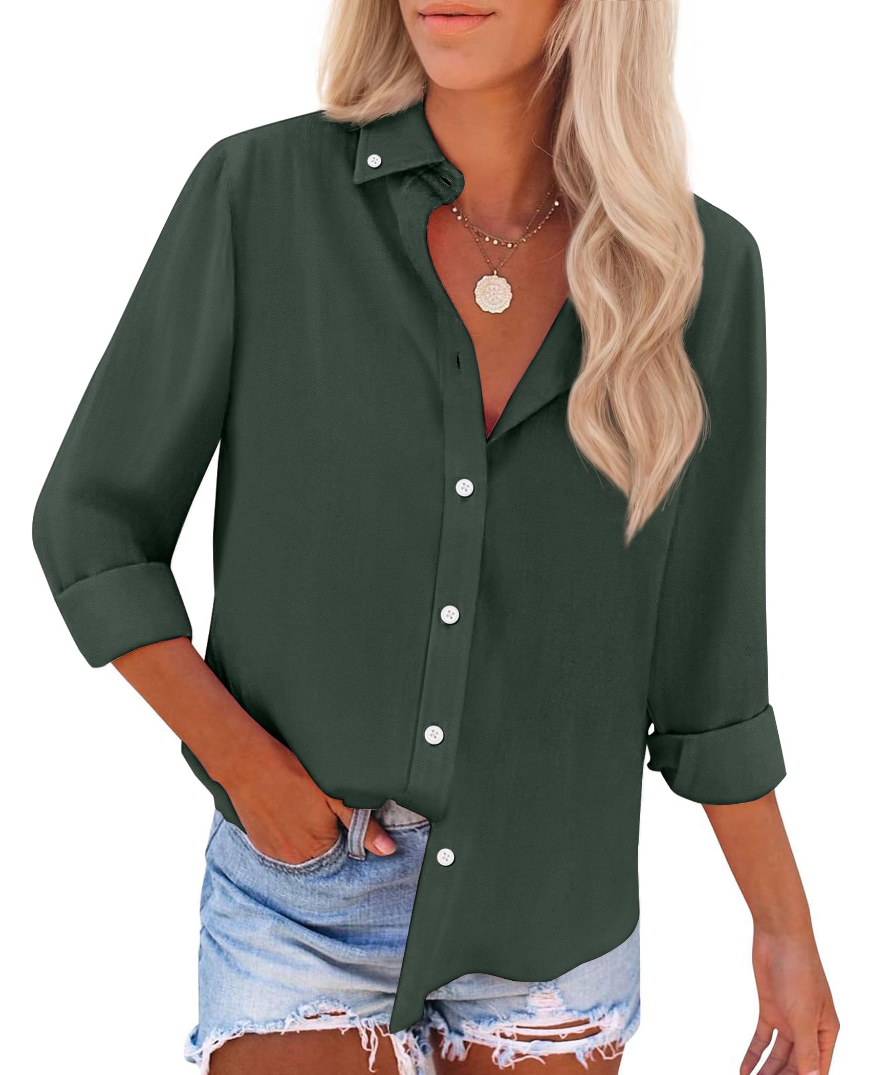 Photo 1 of siliteelon Button Down Shirts for Women Oxford Shirt Cotton Dress Shirts Collared Long Sleeve Wrinkle Free Blouse Tops-Dark Olive S