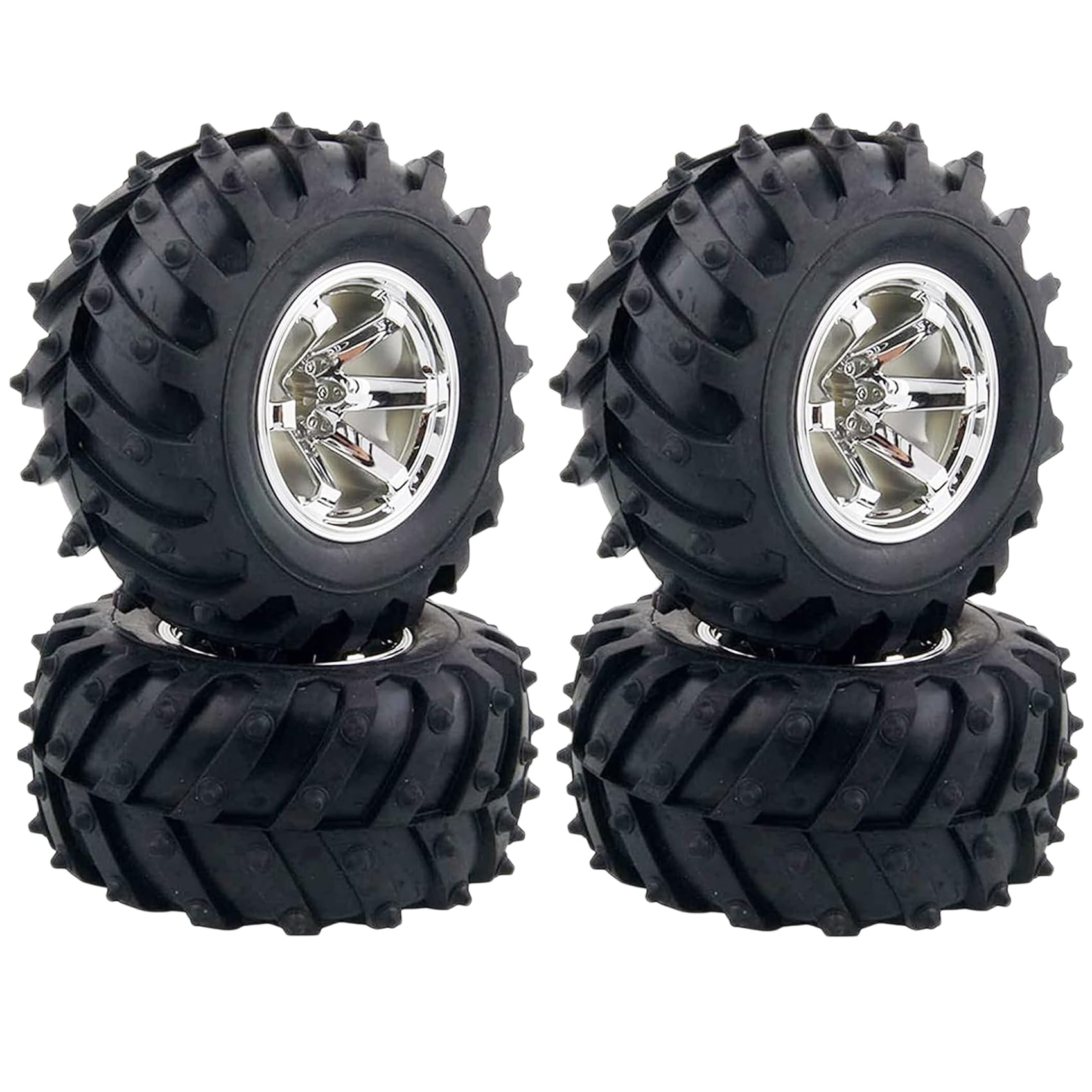 KINGCOO 4pcs 125mm Tyre RC Monster Truck Rubber Tyres and Plastic 6-Spoke Rims Set Compatible with 1/10 RC Crawler Car for Truggy Truck for HSP HPI Tamiya Kyosho (Silver)