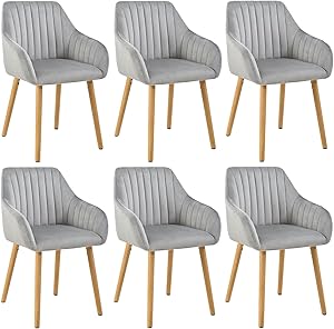Goeurvant Esszimmerstühle mit Armlehne 6er Set Stühle Esszimmer Hellgrau Polsterstuhl aus Samt Wohnzimmerstuhl Küchenstuhl mit Rückenlehne und Holzbeine