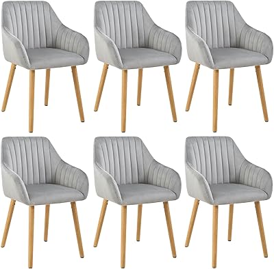 Goeurvant Esszimmerstühle mit Armlehne 6er Set Stühle Esszimmer Hellgrau Polsterstuhl aus Samt Wohnzimmerstuhl Küchenstuhl mit Rückenlehne und Holzbeine