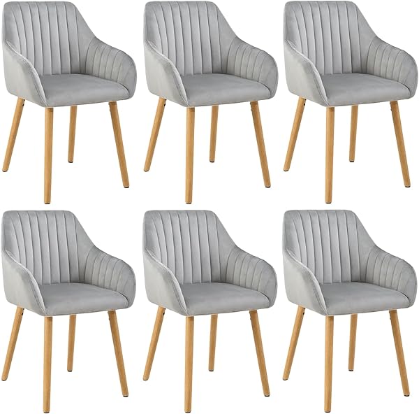 Goeurvant Esszimmerstühle mit Armlehne 6er Set Stühle Esszimmer Hellgrau Polsterstuhl aus Samt Wohnzimmerstuhl Küchenstuhl mit Rückenlehne und Holzbeine