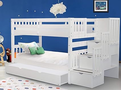 Bedz King Stairway Bunk Beds Twin Over Twin With 3 Drawers In The Steps And A Twin Trundle White Amazon In Furniture King Bunk Beds With Stairs