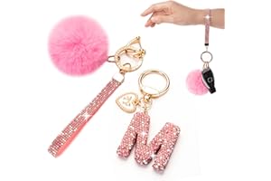 HONYJOOM Initial Letter Keychain for Women Girl Bling Rhinestone Sparkly Bag Backpack Purse Charm Cute Pom Pom Key Chain Wristlet