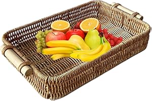 Rectangle Woven Basket Tray - Wicker Serving Tray, Decorative Rattan Vanity Trays, Bathroom Organizer | Multi-Purpose Storage