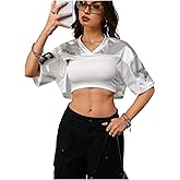 Verdusa Women's Jersey Shirts Y2K Oversized Crop Tops Mesh Spliced Satin Drop Shoulder Top