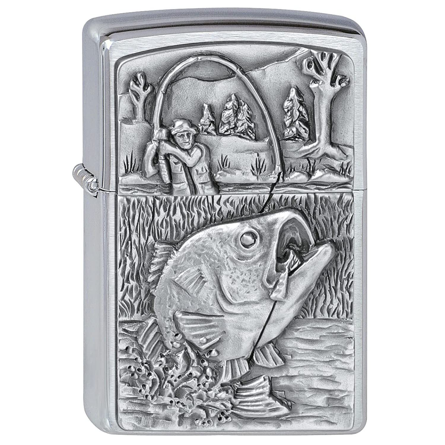 Zippo - Windproof Lighter, Bass Fishing, Brushed Chrome, Emblem, Refillable, Reusable, Windproof Design, Gift Box, Made in the USA