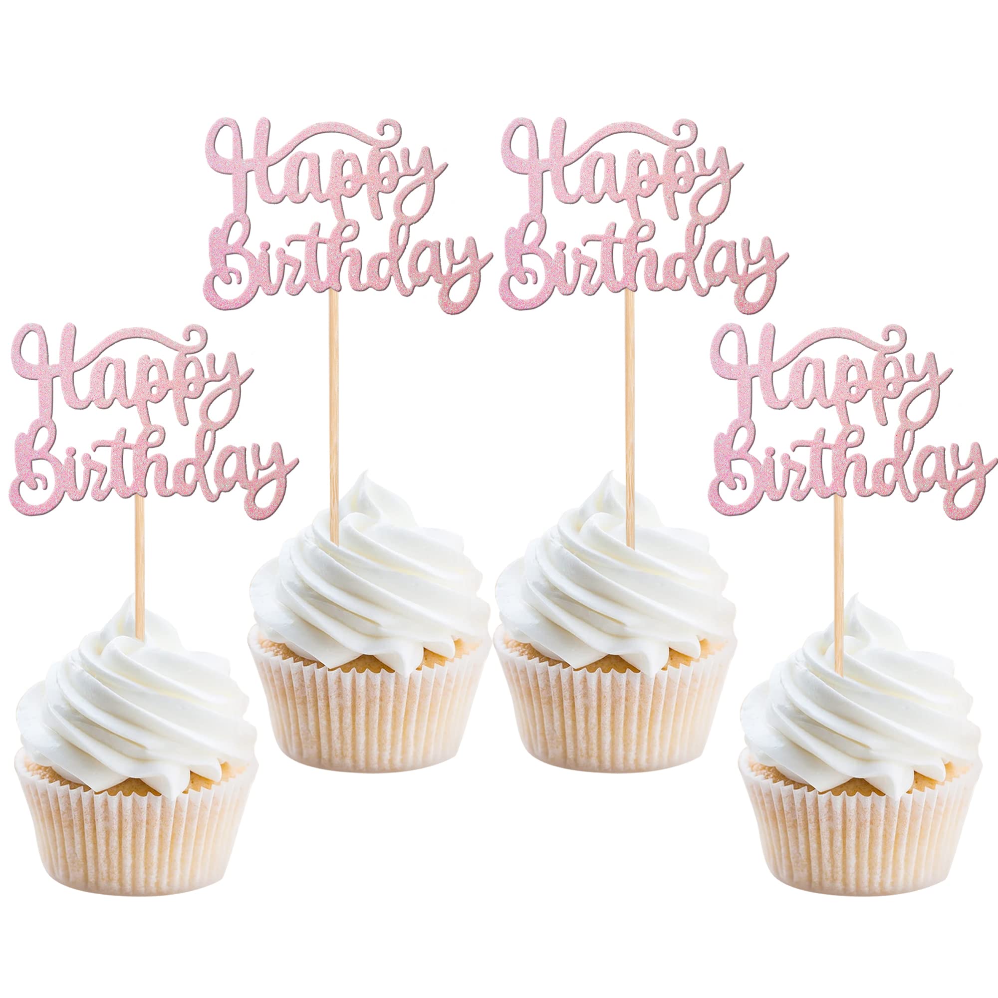 SYKYCTCY 36 Pack Happy Birthday Cupcake Toppers Glitter Celebrating Cupcake Picks Baby Shower Kids Anniversary Party Cake Decorations Supplies Light Pink โ image 1