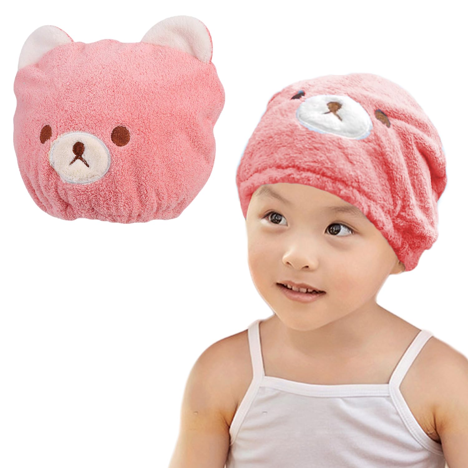ITODA Girls Hair Drying Towels Super Absorbent Wet Hair Drying Cap Quick Dry Hair Turban Wraps Cute Bear Bath Spa Head Shower Caps Hat with Elastic Loop for Bathing Shower Washing Hair Spa