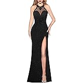 VFSHOW Womens Formal Illusion Halter Keyhole Back Prom High Slit Maxi Dress Wedding Guest Applique Twist Front Evening Gown