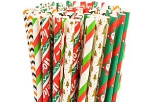 EVYIENEN 100PCS Christmas Paper Straws,10 Mixed Styles Red Green White Gold Christmas Party Drinking Straws,7.75 inch Biodegradable Christmas trees Snowflakes Santa Claus Elk Design Decorations Supplies