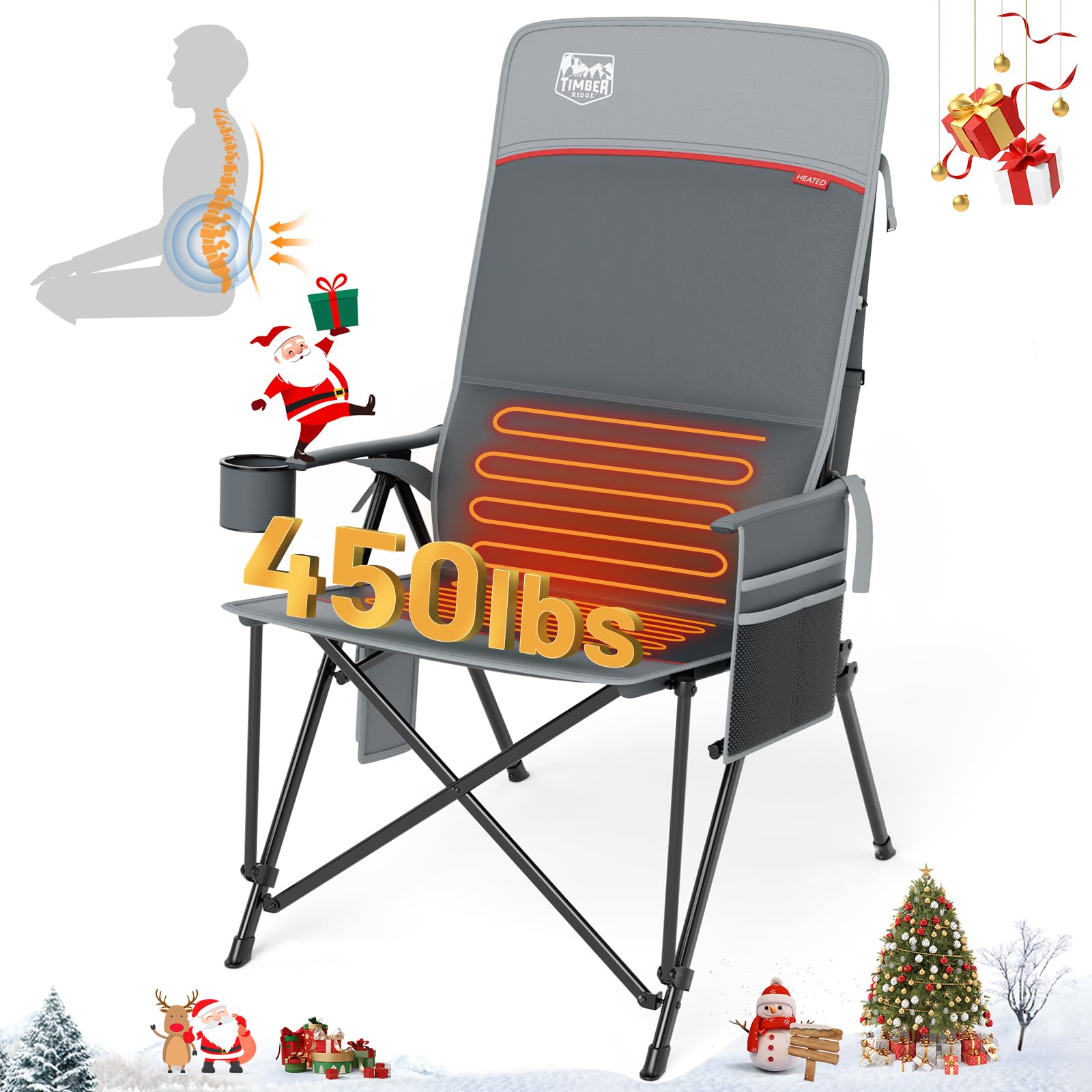 Photo 1 of TIMBER RIDGE Oversized Heated Camping Chair with Lumbar Support, Portable Folding Chair Heavy Duty for Adults Supports 450 LBS for Outdoor Camping, Lawn, with High Back (Power Bank not Included)