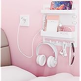 Yieach Bedside Wall Organizer for Dorm Bed,Rv,Small Room and Nightstand,Wall Mounted Floating Shelves and Bedside Shelf for Remote,Phone Holder,Charging Shelf,Cute Bedroom Decor for College Girl,White