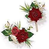 Serwalin Red Rose Corsage and Boutonniere Set, Boutonniere for Men and Wrist Corsage Wristlet Prom Homecoming Wedding Flowers Accessories Party Suit Decorations (red)