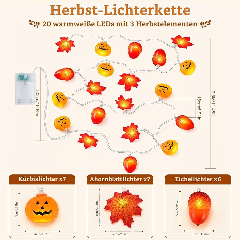 Halloween Herbst Lichterkette 3m 20 LED, Timer, 3 Modi, Warmweiß — Foto 2 von 8