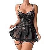 Lilosy Sexy Garter Belt Mesh Lace Babydoll Lingerie Dress Set with Thong