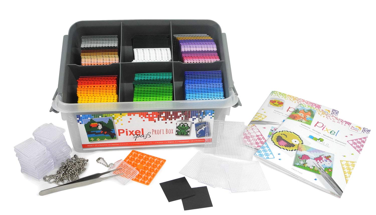 Pixel P60002-29501 Professional Box, Craft Set with 126 Pixel Plates, 24 Lockets with Chain, 5 Base Plates, 2 Magnets, 1 Tweezers and 2 Notebooks with Templates, Easy Plug-In System