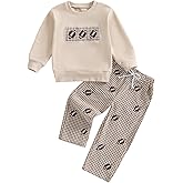 Honganda 2Pcs Kids Toddler Boy Football Outfit Football Embroidery Sweatshirt Top Plaid Pants Fall Game Day Clothes Set