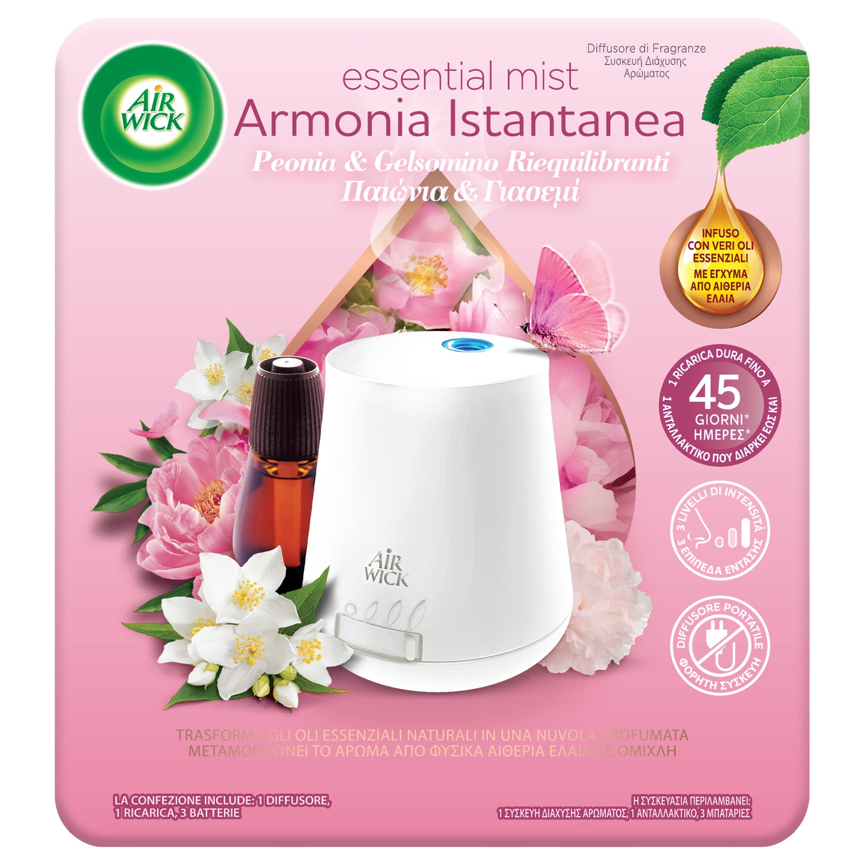 Airwick Air Wick Fragrance Diffuser with Essential Oils - 1 Kit: Gadget Plus Refill Fragrance Peony and Jasmine, Brown, 2 Units (Pack of 1)